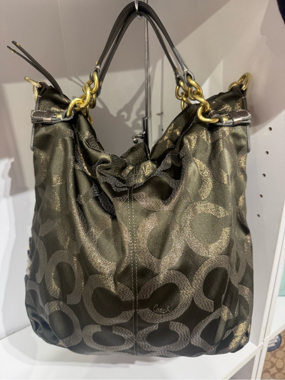 Coach Metallic Signature Shoulder Bag in Dark Olive with Gold Hardware